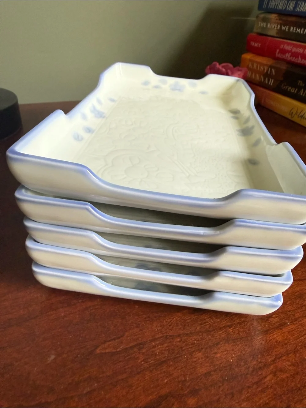 Stack‎ of 4 Cream and Light Blue Ceramic Serving Trays-sushi platters vintage